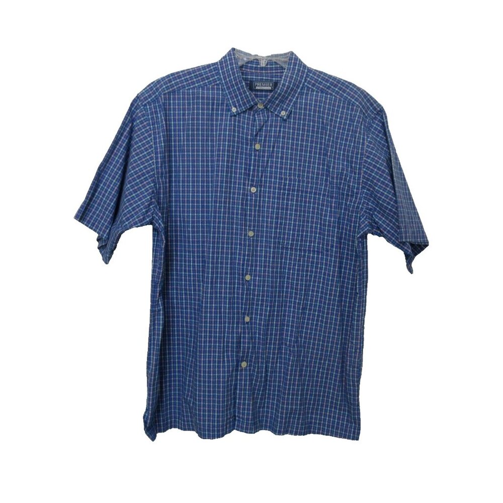 Premier International Shirt Sz Large Blue Plaid Button-Down Collar Short Sleeve